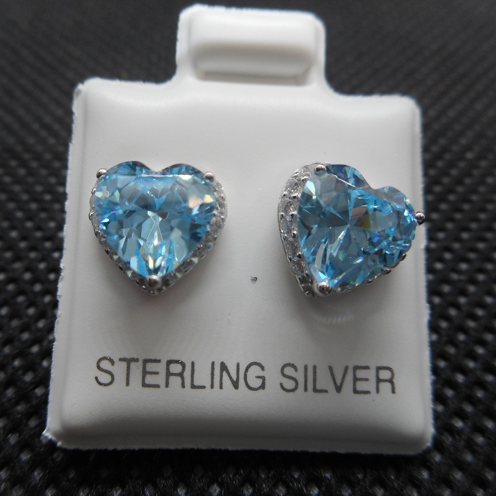 Sterling Silver Blue Cubic Heart Earrings